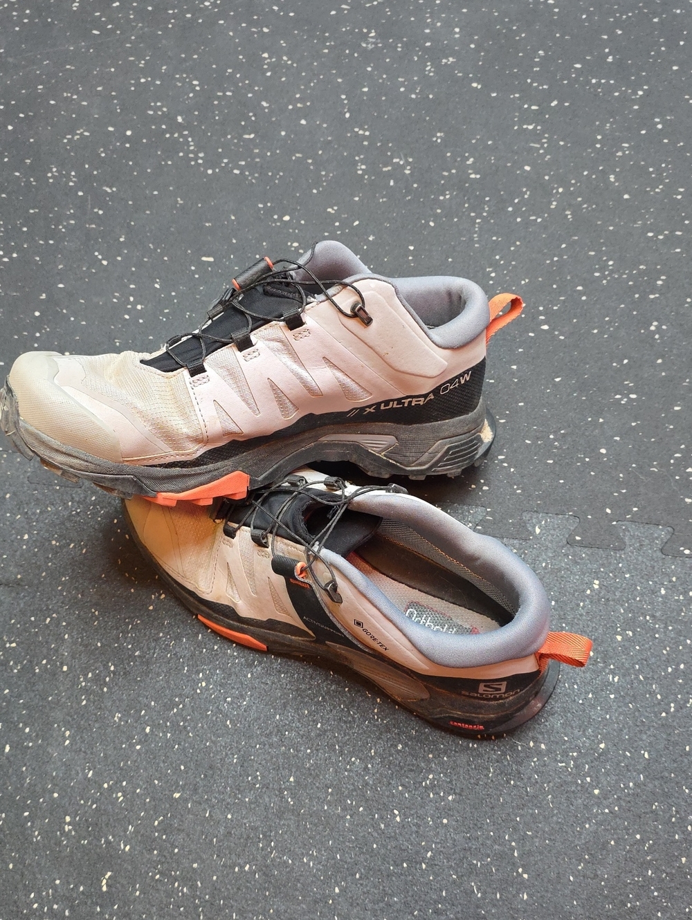 Salomon Womens Trail Running Shoes - Beige, Gray & Orange Accents